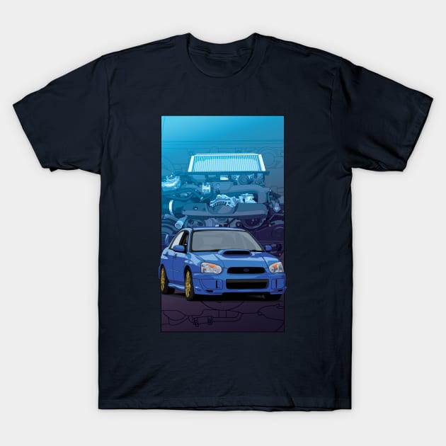 Subaru Impreza WRX STI GDB 'Blobeye ' with ej20 backdrop T-Shirt by ArtyMotive